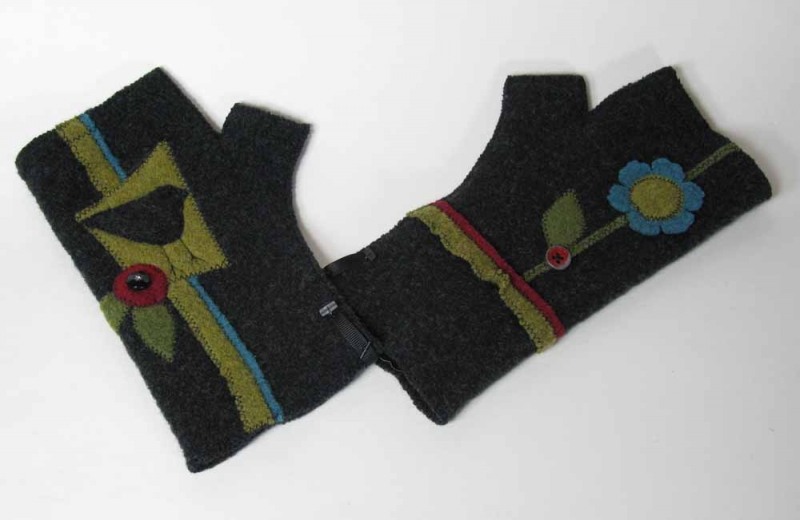 Wool Fingerless Gloves - Black Bird